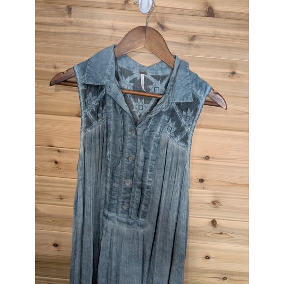 Free people Top Womens Large Blue Sleeveless Boho Blouse Lace Tank - Picture 3 of 11